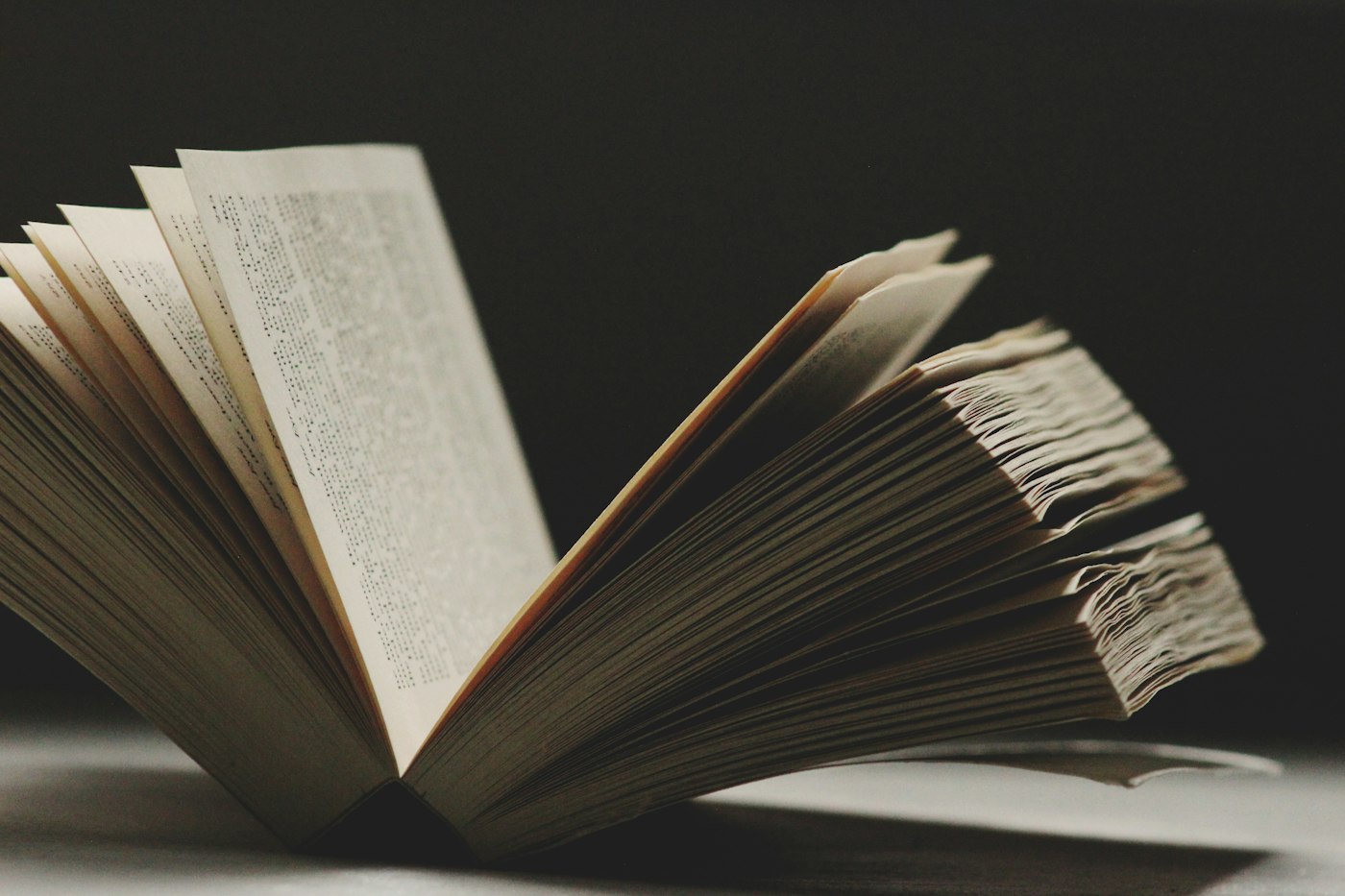 一本攤開的書，書頁在暗色背景前展開